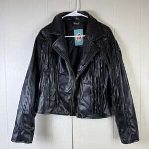 Blue B. Black Fringe Vegan Moto‎ Leather Jacket